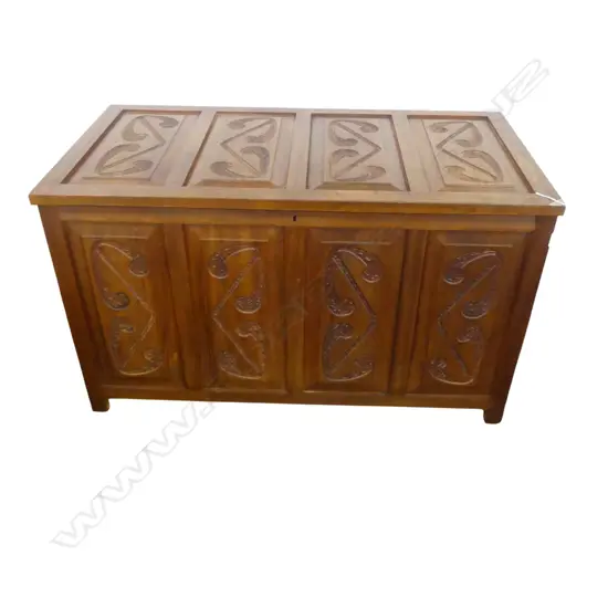 MAHOGANY BLANKET BOX w. CARVED MAORI DECORATION 990x525x580mm