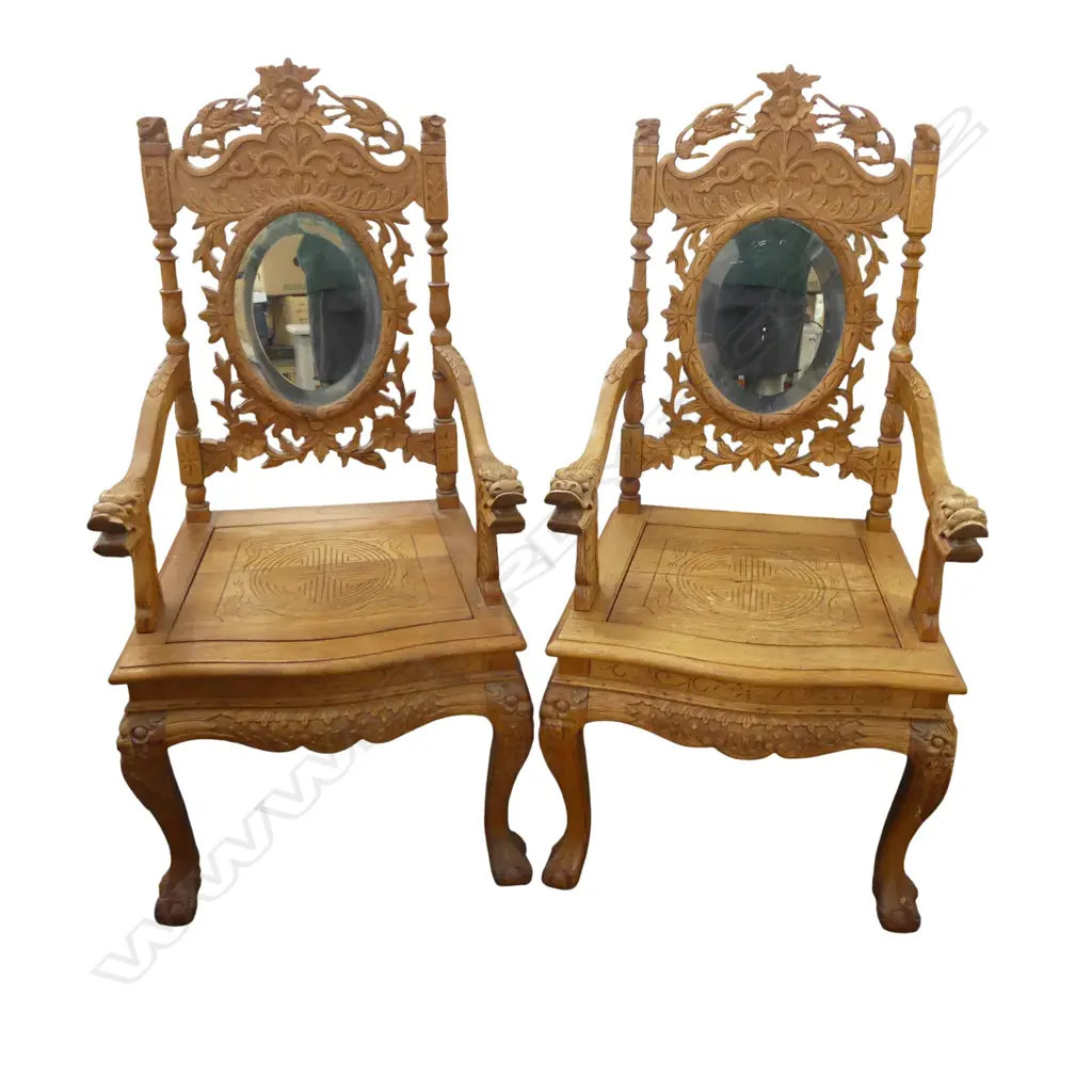 PR MALAYSIAN CARVED WOODEN PERANAKAN CHAIRS - MIRROR BACK 600x550x1210mm Image 1++