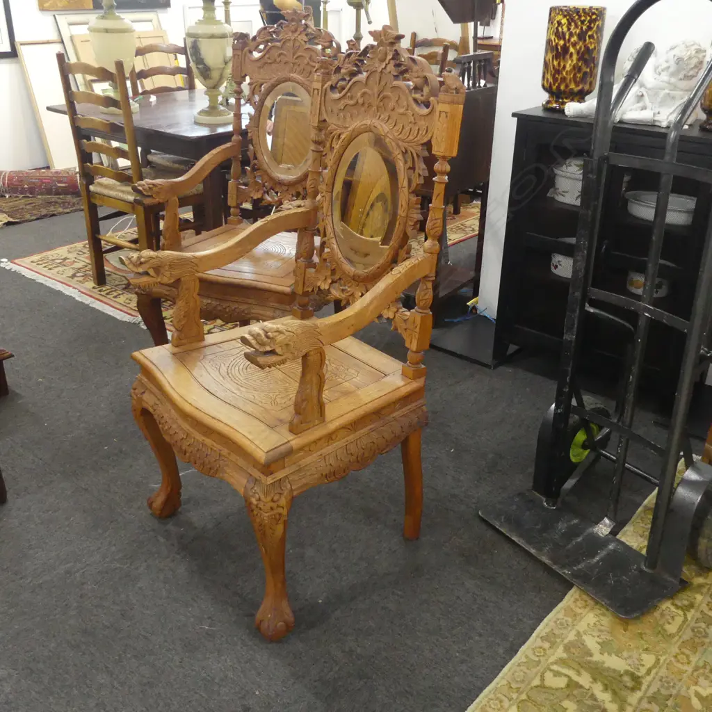 PR MALAYSIAN CARVED WOODEN PERANAKAN CHAIRS - MIRROR BACK 600x550x1210mm Image 1++