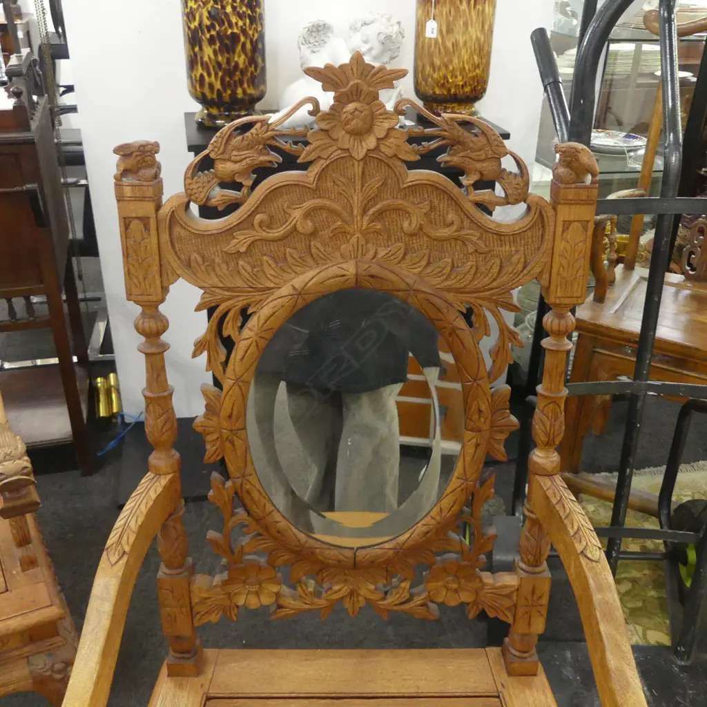 PR MALAYSIAN CARVED WOODEN PERANAKAN CHAIRS - MIRROR BACK 600x550x1210mm Image 1++