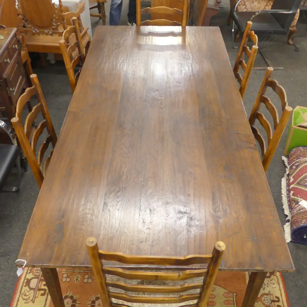 QUALITY PLANK TOP TABLE & 6 LADDER BACK CHAIRS 2200x1000x750mm Image 1++