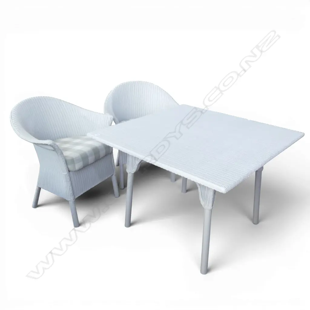 WHITE LLOYD LOOM TABLE AND TWO ARMCHAIRS with cushions 1000x1000x720mm Image 1++