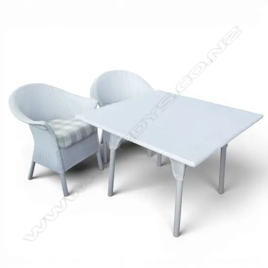 WHITE LLOYD LOOM TABLE AND TWO ARMCHAIRS with cushions 1000x1000x720mm
