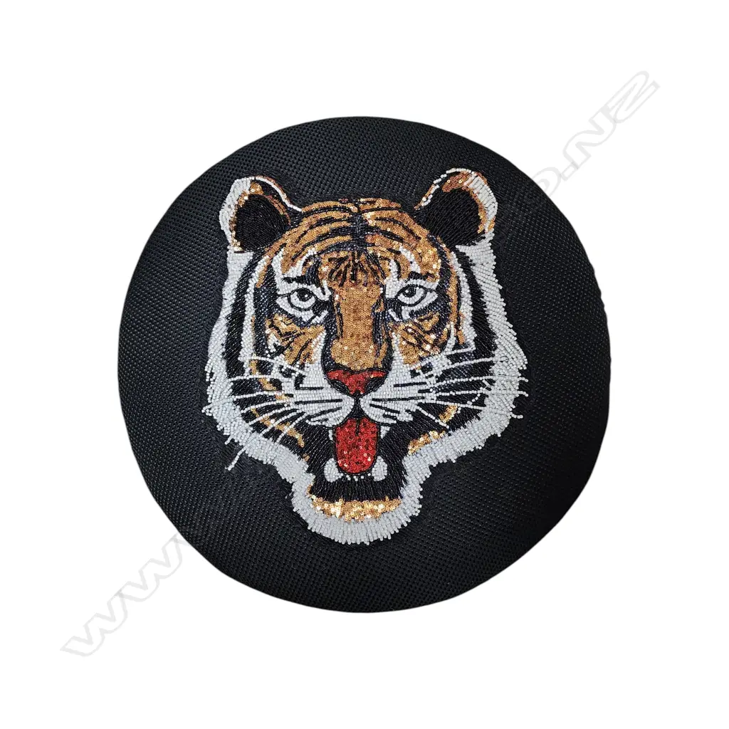 WOODEN STOOL NEWLY UPHOLSTERED W SEQUIN-EMBROIDERED TIGER HEAD 500H mm Image 1++