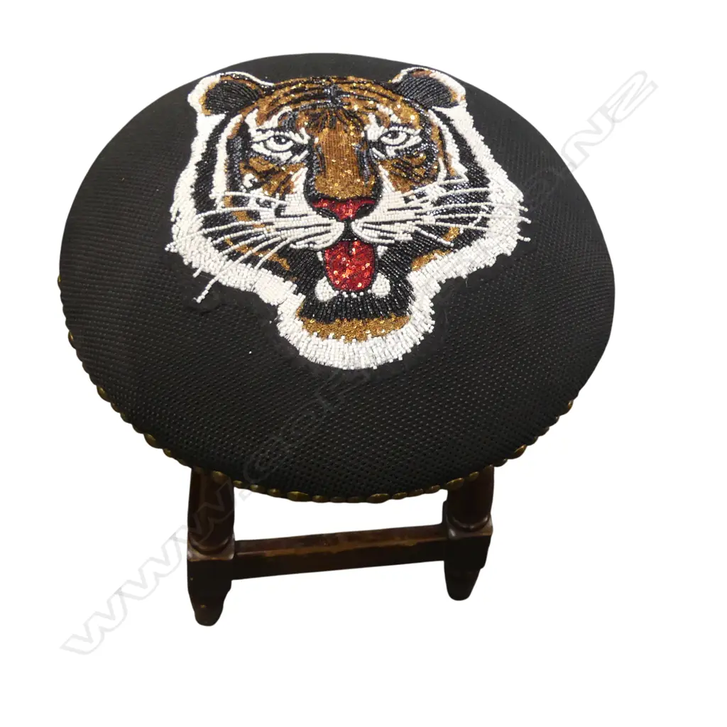 WOODEN STOOL NEWLY UPHOLSTERED W SEQUIN-EMBROIDERED TIGER HEAD 500H mm Image 1++