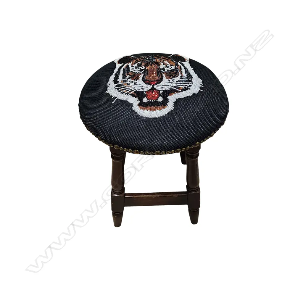 WOODEN STOOL NEWLY UPHOLSTERED W SEQUIN-EMBROIDERED TIGER HEAD 500H mm Image 1++
