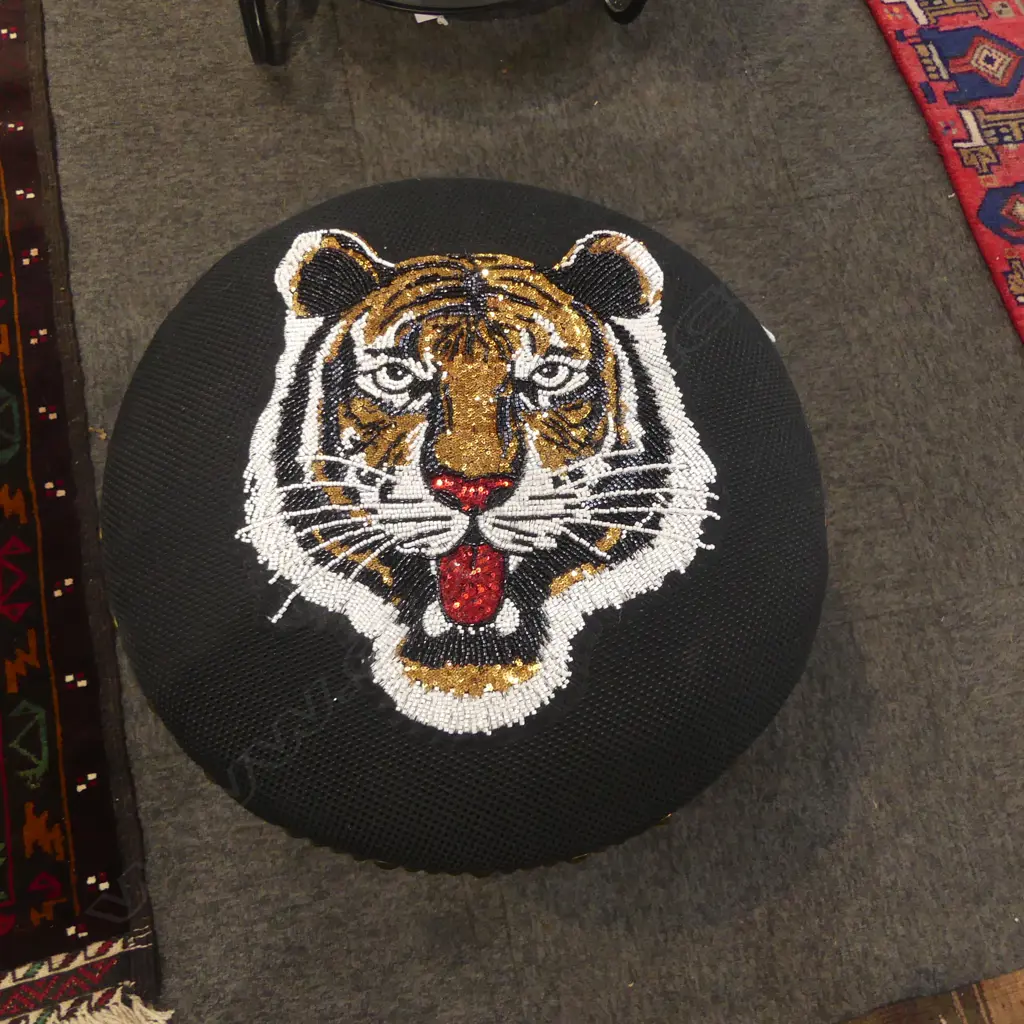 WOODEN STOOL NEWLY UPHOLSTERED W SEQUIN-EMBROIDERED TIGER HEAD 500H mm Image 1++