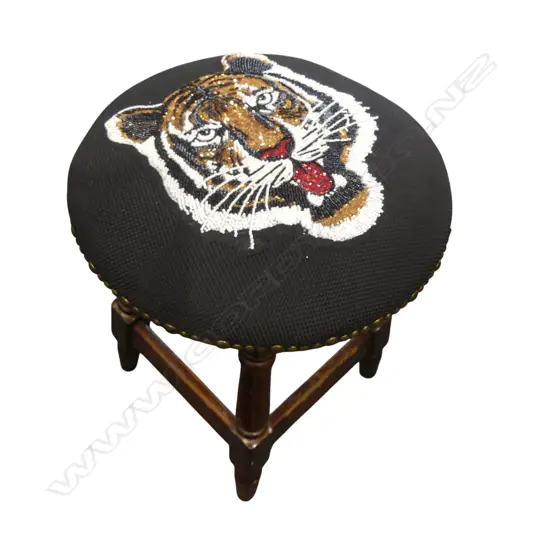 WOODEN STOOL NEWLY UPHOLSTERED W SEQUIN-EMBROIDERED TIGER HEAD 500H mm