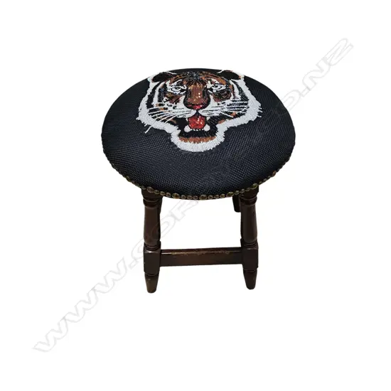 WOODEN STOOL NEWLY UPHOLSTERED W SEQUIN-EMBROIDERED TIGER HEAD 500H mm