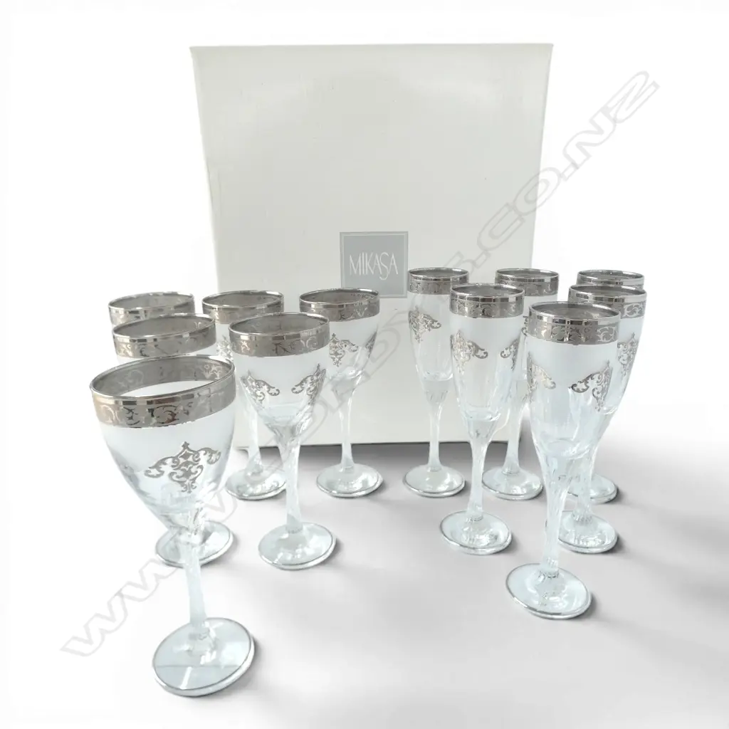2 SETS OF 6 CRYSTAL SILVER OVERLAY GLASSES one w. etched mark to base + 2 BOXED MIKASA 'HIGH RISE' GLASSES Image 1++