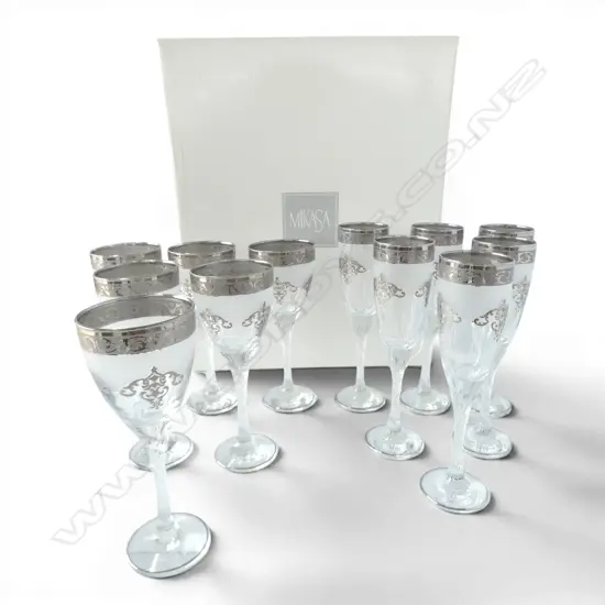 2 SETS OF 6 CRYSTAL SILVER OVERLAY GLASSES one w. etched mark to base + 2 BOXED MIKASA 'HIGH RISE' GLASSES