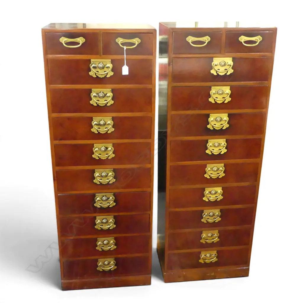 PR TALL NARROW CHINESE 11 DRAWER CHESTS ornate gilt handles. 440 x 310 x 1240mm Image 1++