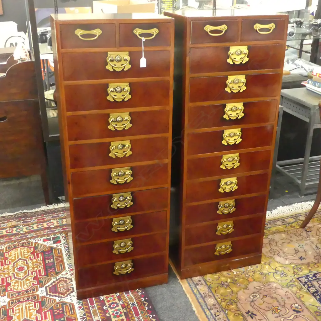 PR TALL NARROW CHINESE 11 DRAWER CHESTS ornate gilt handles. 440 x 310 x 1240mm Image 1++