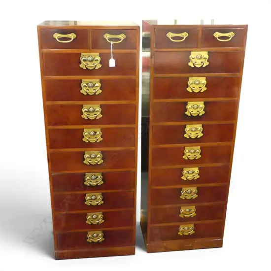 PR TALL NARROW CHINESE 11 DRAWER CHESTS ornate gilt handles. 440 x 310 x 1240mm
