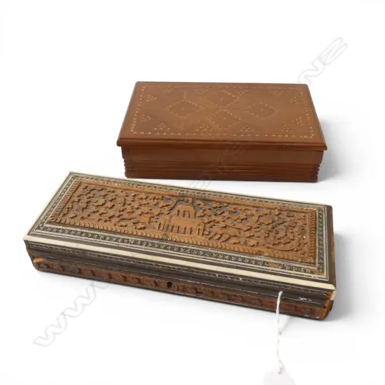 CARVED INLAID INDIAN BOX (FAULTS) + CIGAR BOX 