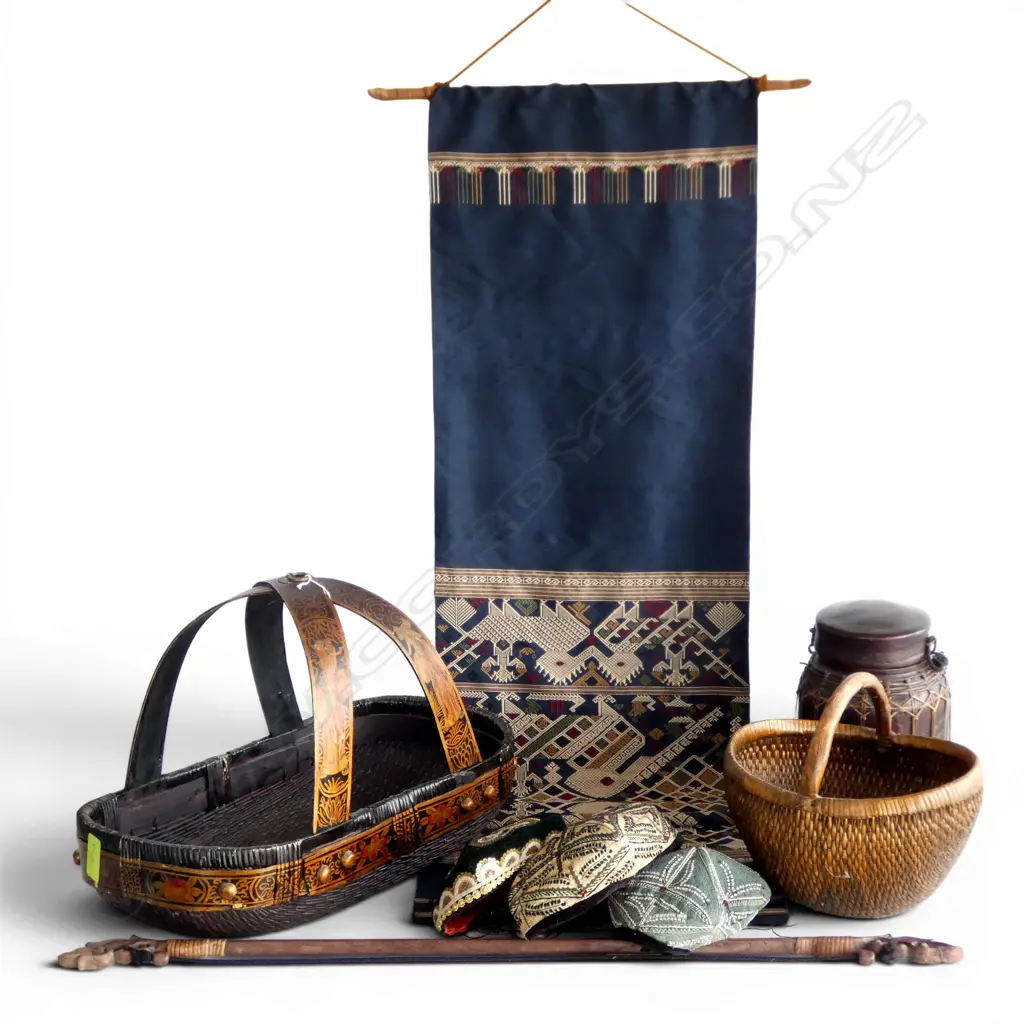 2 ORIENTAL BASKETS W.550mm, LIDDED CONTAINER, 3 HATS, FABRIC PIECE Image 1++