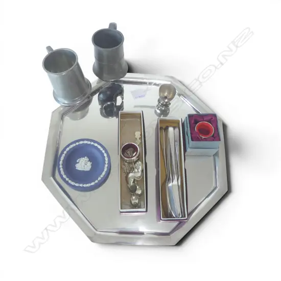 EP TRAY DIA390 MIXED CUTLERY  2 PEWTER MUGS  EBONY ELEPHANT ETC