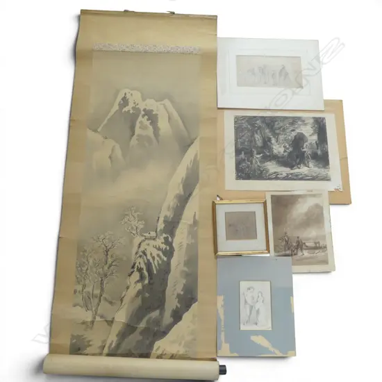GROUP OF ASST. 18TH C /19TH C. DRAWINGS INCL VALENTINE BROMLEY, SAMUEL JACKSON, ETC & 1940s CHINESE LANDSCAPE SCROLL