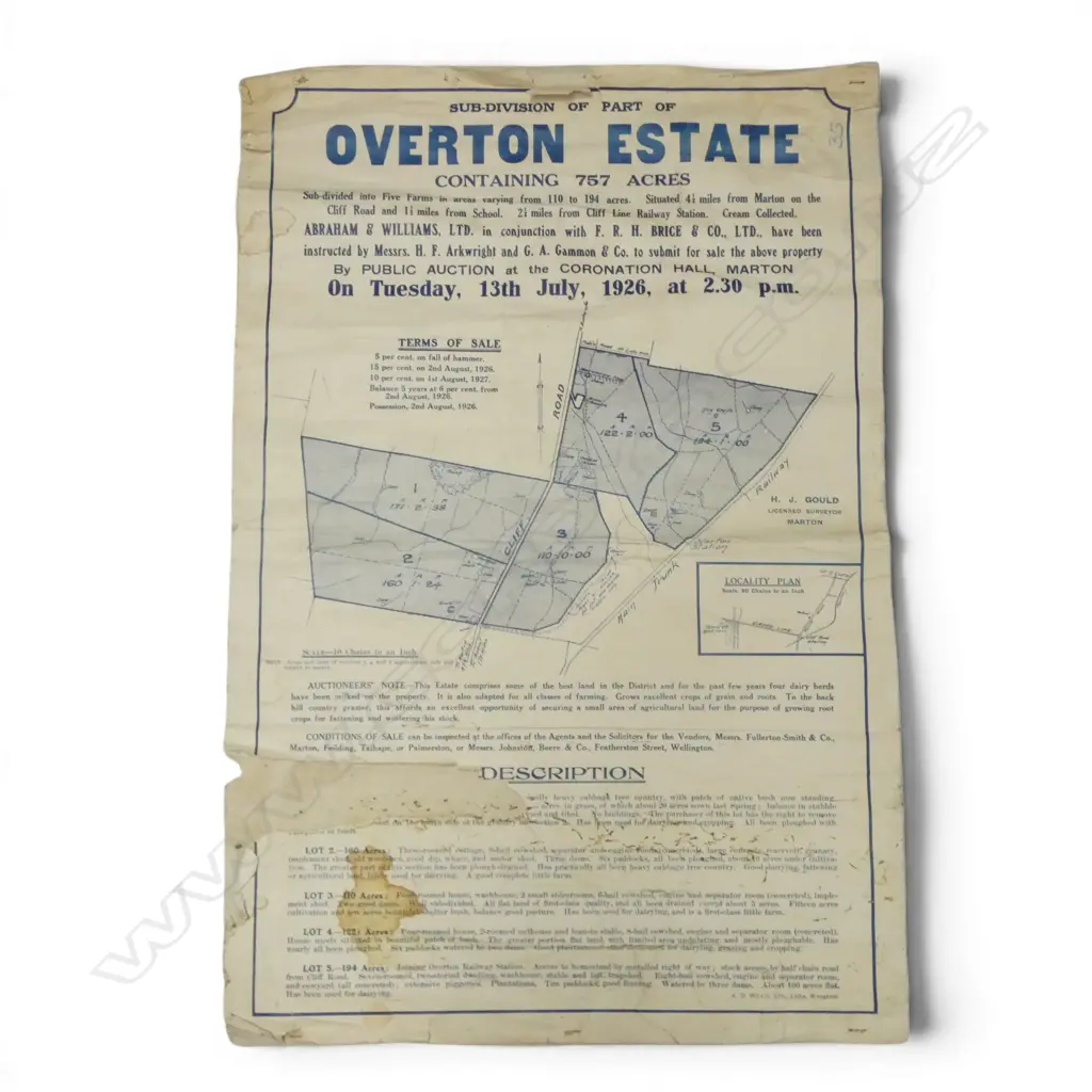 1926 AUCTION POSTER 'OVERTON ESTATE' MARTON Image 1++