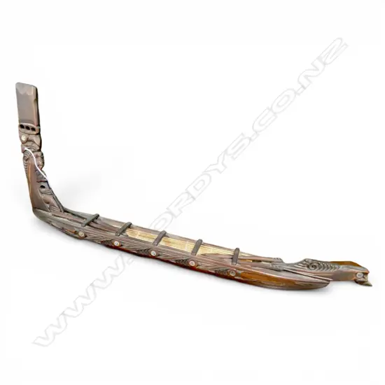 CARVED MAORI WAKA w paua inserts, Rotorua school, 690mm