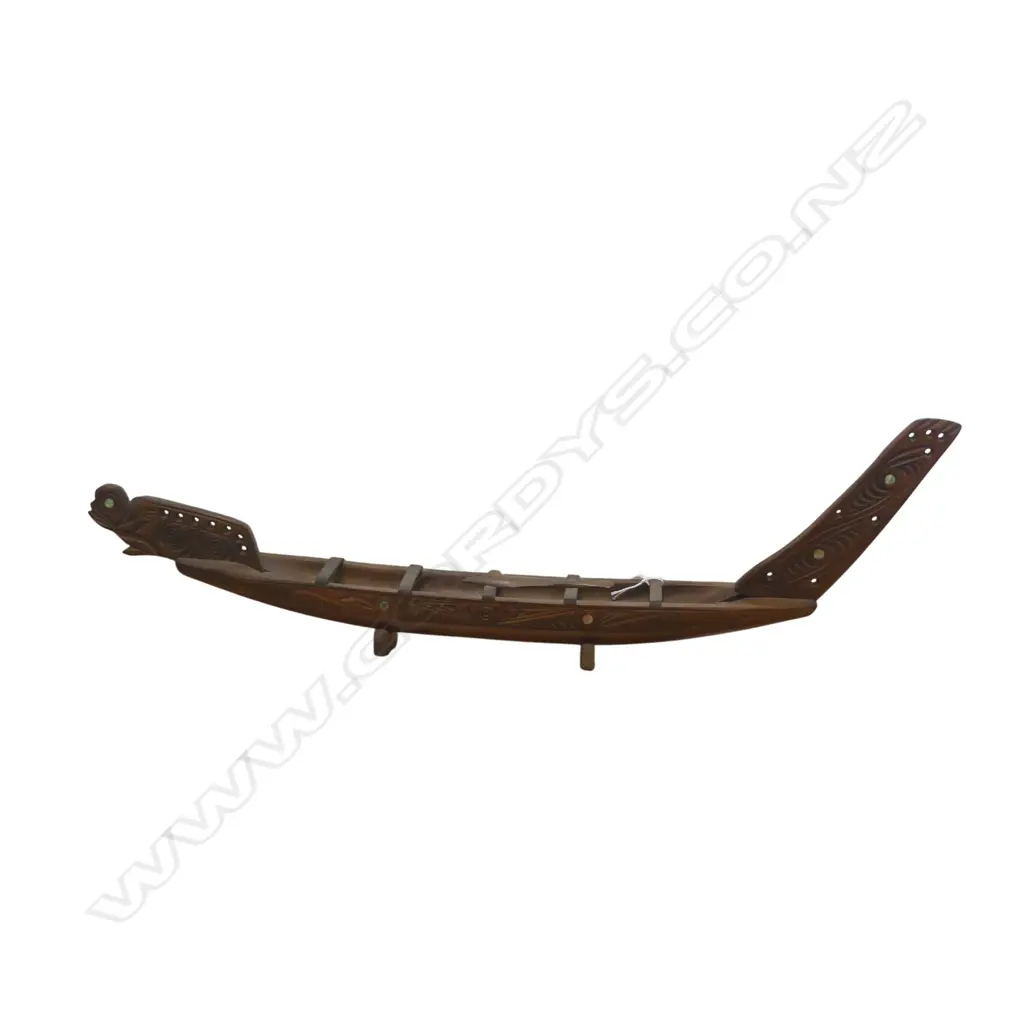 CARVED MAORI WAKA w paua inserts, Rotorua school, L.500mm Image 1++