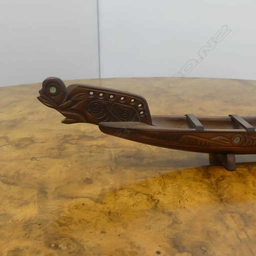 CARVED MAORI WAKA w paua inserts, Rotorua school, L.500mm Image 1++