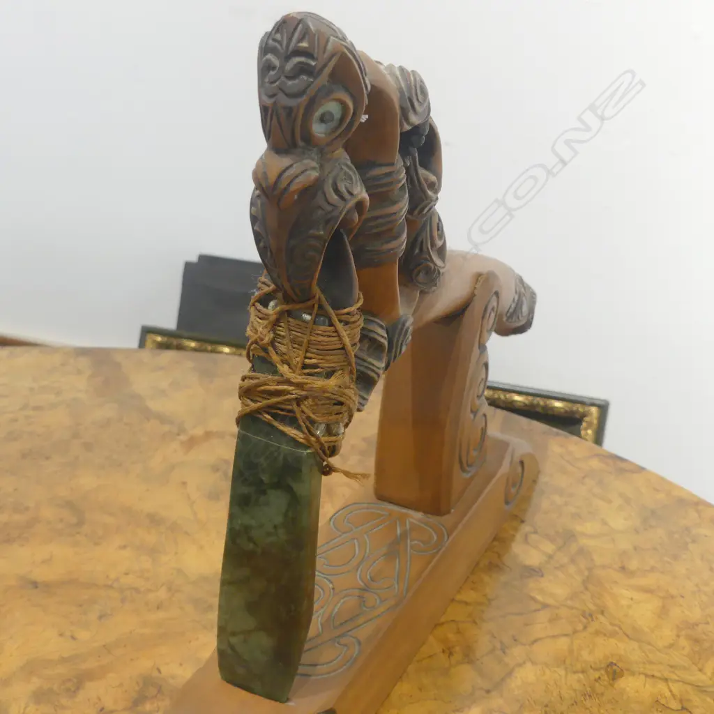 MAORI TOKI POUTANGATA, CARVED WOODEN HANDLED POUNAMU ADZE, binding requires attention, H.330x420mm Image 1++