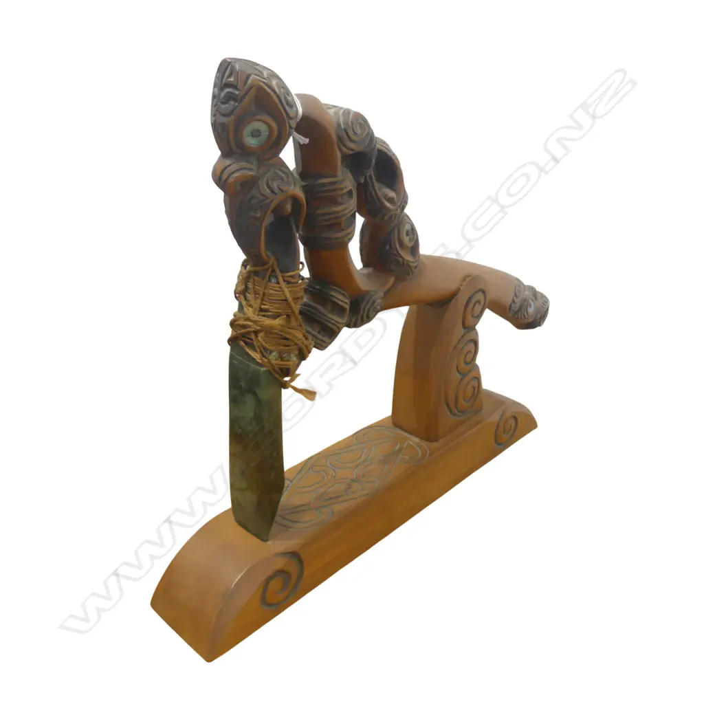 MAORI TOKI POUTANGATA, CARVED WOODEN HANDLED POUNAMU ADZE, binding requires attention, H.330x420mm Image 1++