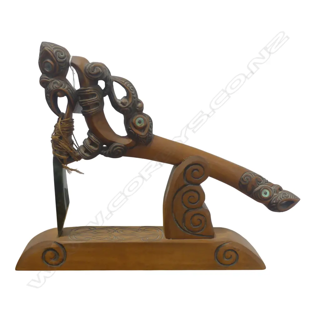 MAORI TOKI POUTANGATA, CARVED WOODEN HANDLED POUNAMU ADZE, binding requires attention, H.330x420mm Image 1++