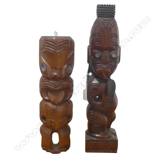 2 MAORI TEKOTEKO CARVINGS, 1 standing, 1 wall hanging, H.400/330mm