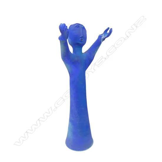 PAUL LIARD TALL NZ STUDIO POTTERY BARIUM BLUE FIGURE. H.1000mm. On wood base