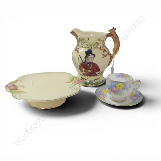 SHELLEY CUP & SAUCER, ROYAL DOULTON MUSICAL JUG & ROYAL WINTON COMPORT H.200mm