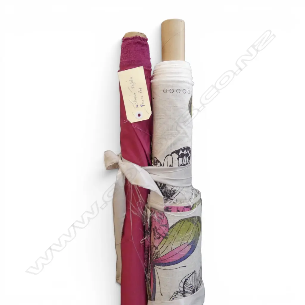 2 FABRIC BOLTS; FUCHSIA TAFFETA 9M + MADAME BUTTERFLY, PRINT ON COTTON, 3.75M + PCES Image 1++