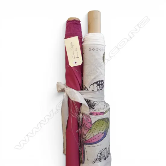 2 FABRIC BOLTS; FUCHSIA TAFFETA 9M + MADAME BUTTERFLY, PRINT ON COTTON, 3.75M + PCES
