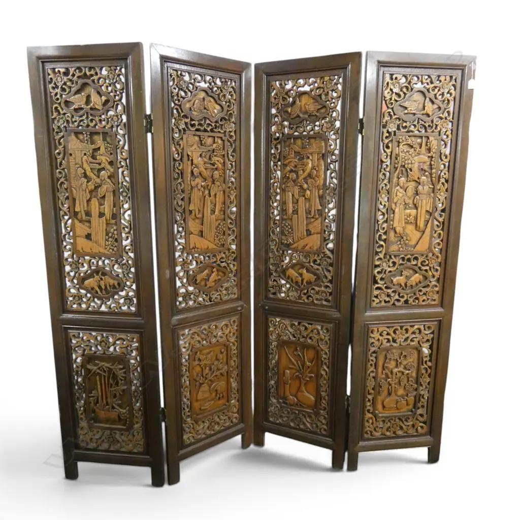 LGE VINTAGE CHINESE CARVED SCREEN heavy hardwood. Carved & pierced w figures + animals + blossom sprigs.. 1820 x 1820mm Image 1++