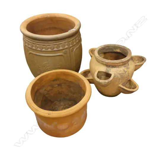 3 TERRACOTTA PLANTERS; HERB / STRAWBERRY ETC H.490mm