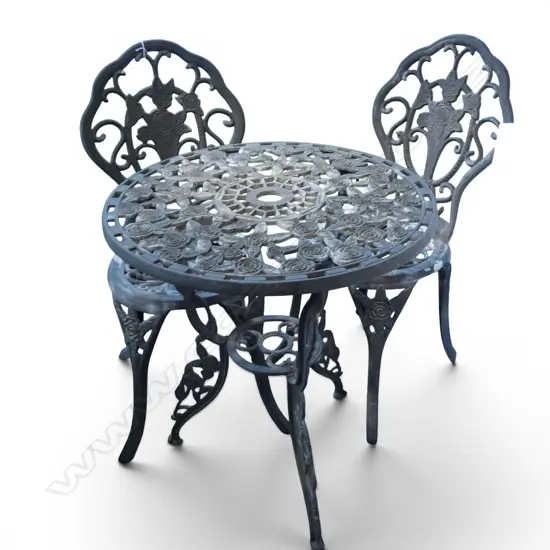 3 PCE METAL PATIO SET; TABLE + PR CHAIRS