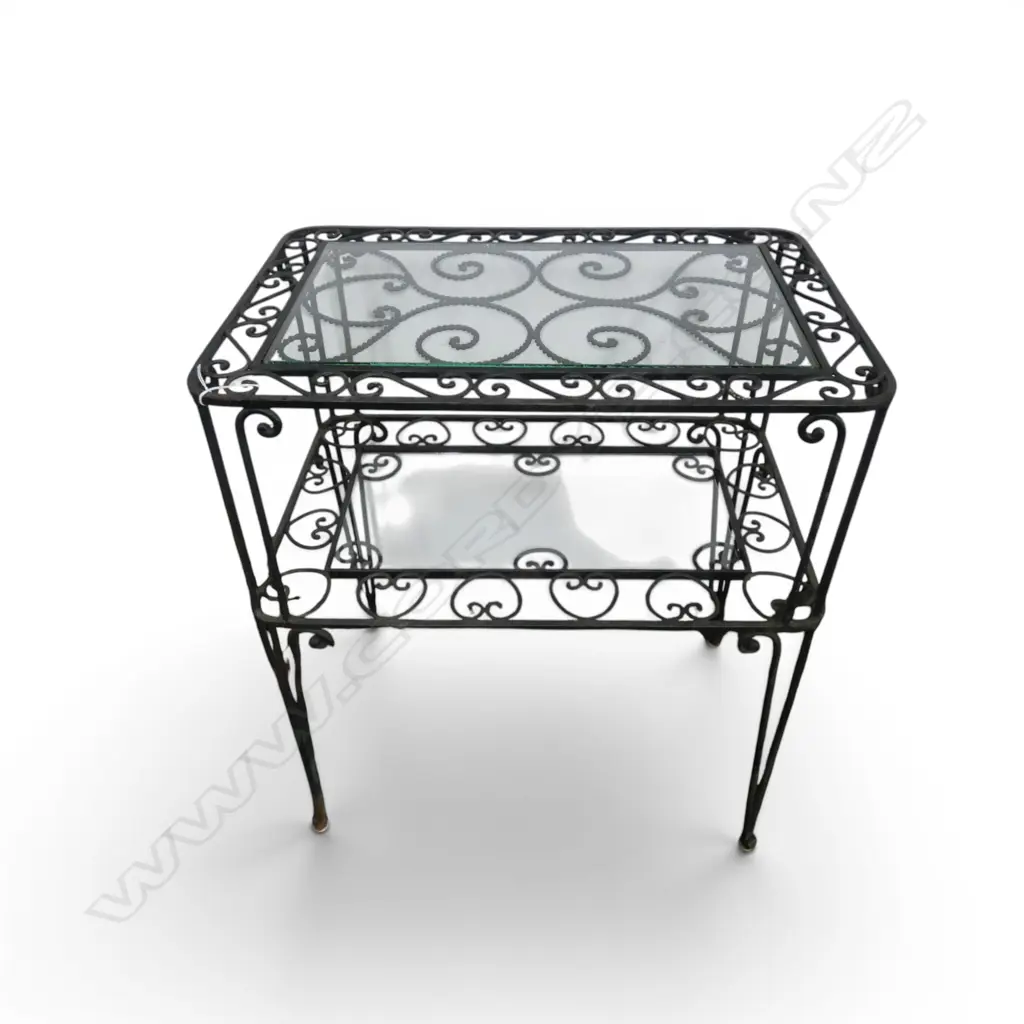 WROUGHT IRON TWO TIER SIDE TABLE with glass inset tops 375x575x665mm Image 1++
