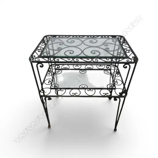 WROUGHT IRON TWO TIER SIDE TABLE with glass inset tops 375x575x665mm