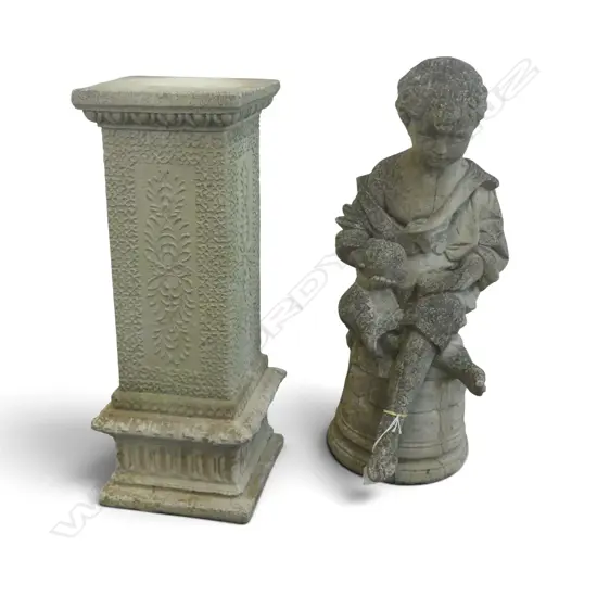 CONCRETE STATUE OF A BOY ON PLINTH H1220MM