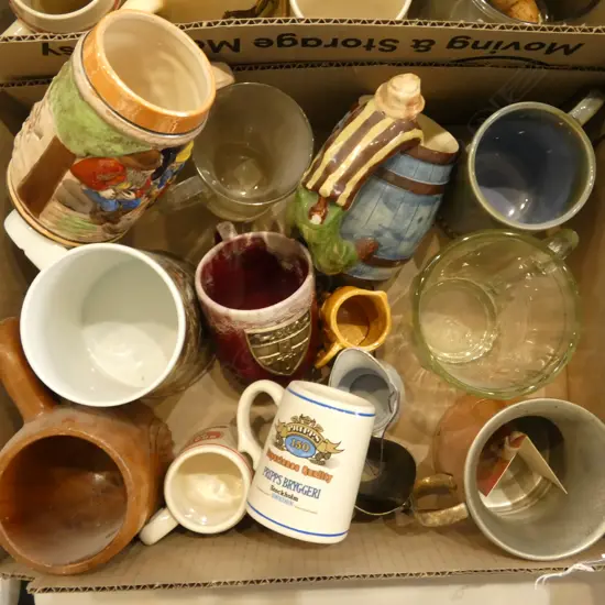 BOX OF 15 MIXED DESIGNS BEER MUGS CHINA GLASS ETC
