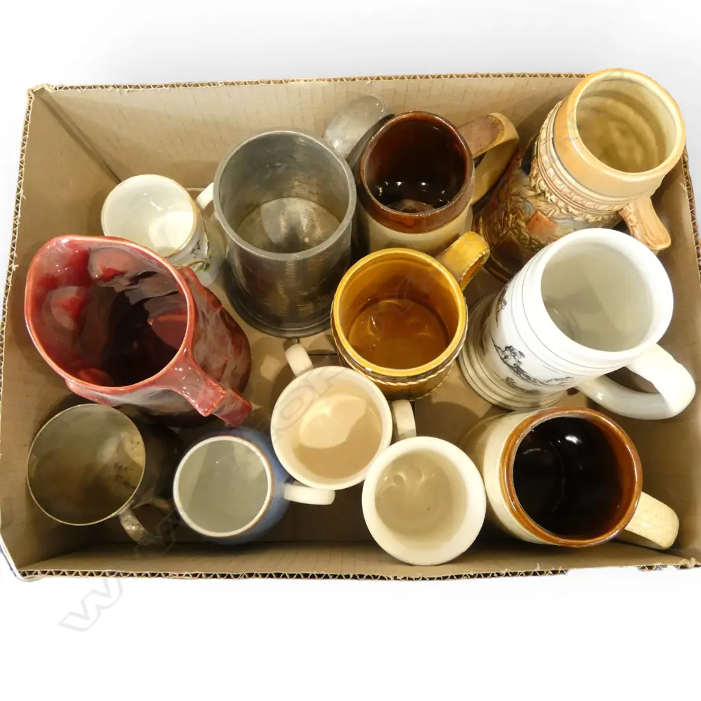 BOX OF 12 MIXED DESIGNS BEER MUGS CHINA GLASS ETC Image 1++
