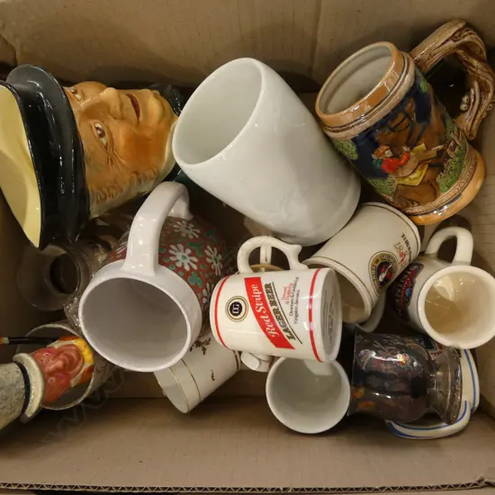 BOX OF 15 MIXED COLLECTABLE BEER MUGS CHINA GLASS PEWTER ETC
