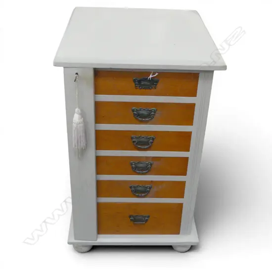 SMALL COLONIAL KAURI WELLINGTON CHEST CHALK PAINTED PARISIAN LINEN (good for jewellery) 430 x 500 x 720mm