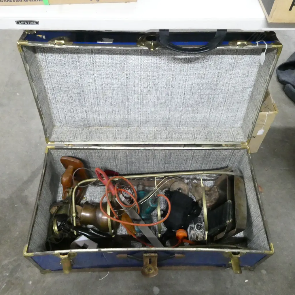 TIN TRUNK & CONTENTS ELECTRIC DRILL WOOD CARVINGS PLATE STAND ETC Image 1++