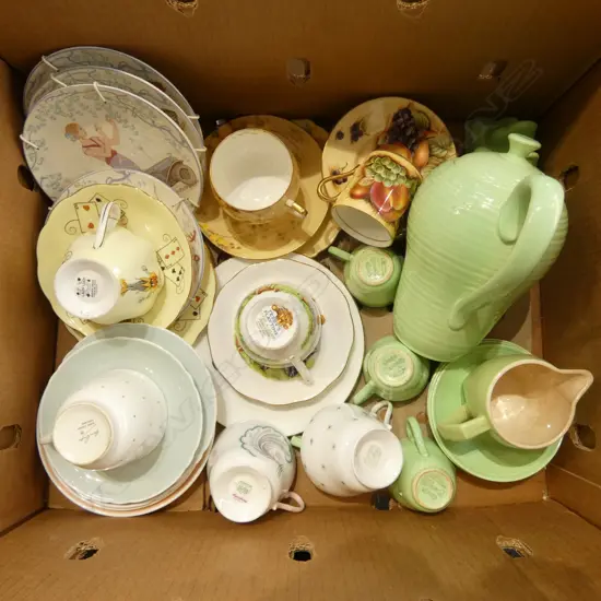 ASST. CHINA, SHELLEY, 6 AYNSLEY ORCHARD GOLD SAUCERS + 1 COFFEE CAN