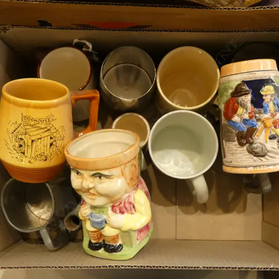 BOX OF 15 MIXED DESIGNS BEER MUGS CHINA GLASS ETC