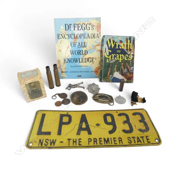 ASST. ITEMS; 2 BOOKS (DR. FEGGS, WRATH OF GRAPES), NSW LICENSE PLATE ETC