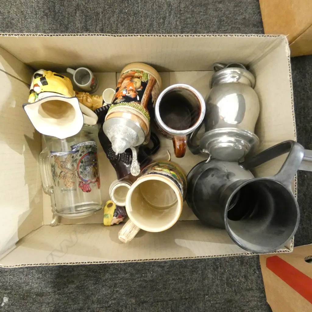 BOX OF 15 MIXED DESIGNS BEER MUGS CHINA GLASS ETC Image 1++