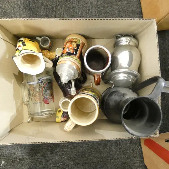 BOX OF 15 MIXED DESIGNS BEER MUGS CHINA GLASS ETC